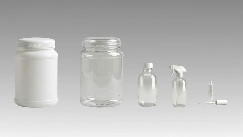 Blank, unbranded supplement containers ready for private-label branding